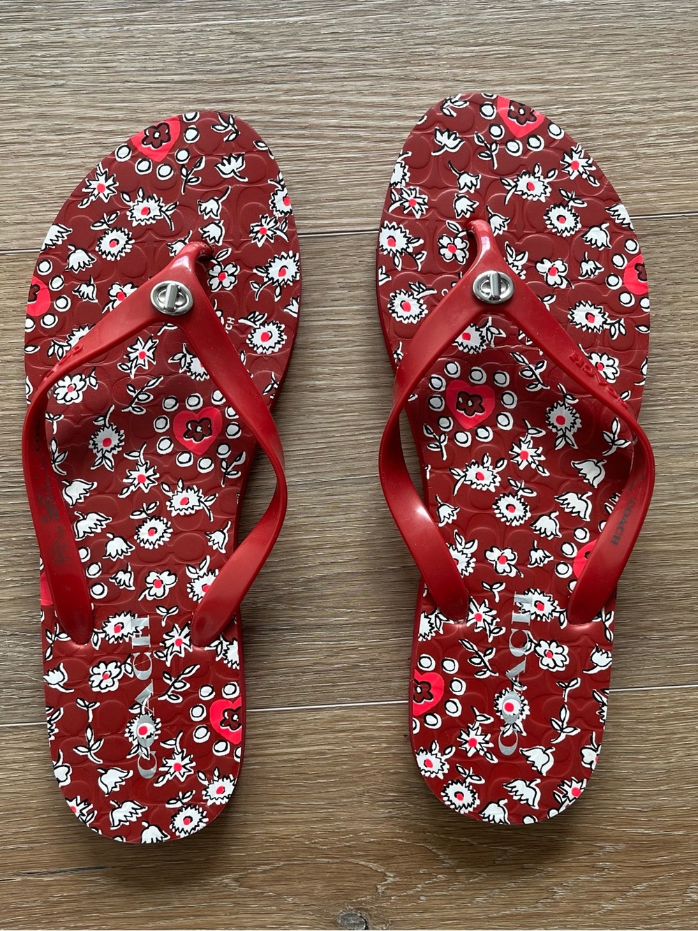 Coach Floral Red Women's Flip Flops - Lightweight Casual Sandals Size 9-10